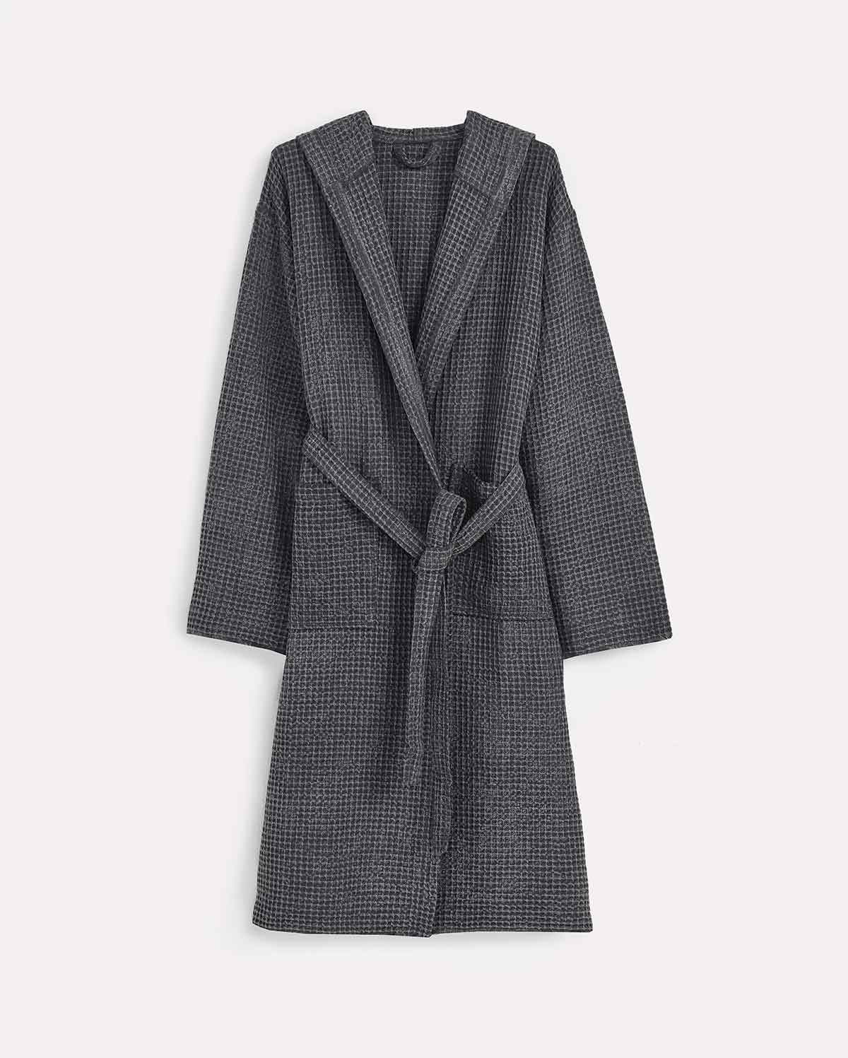 Hooded Washed Waffle Cotton Bathrobe - Grey