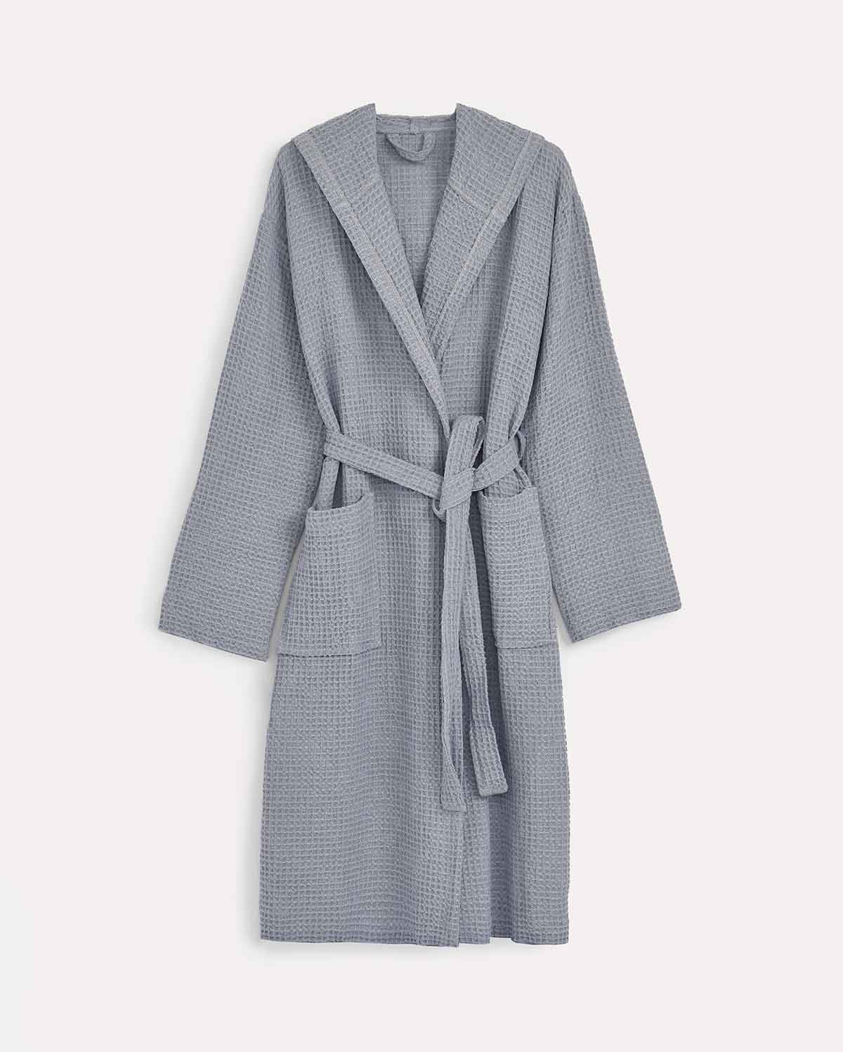 Hooded Washed Waffle Cotton Bathrobe - Indigo