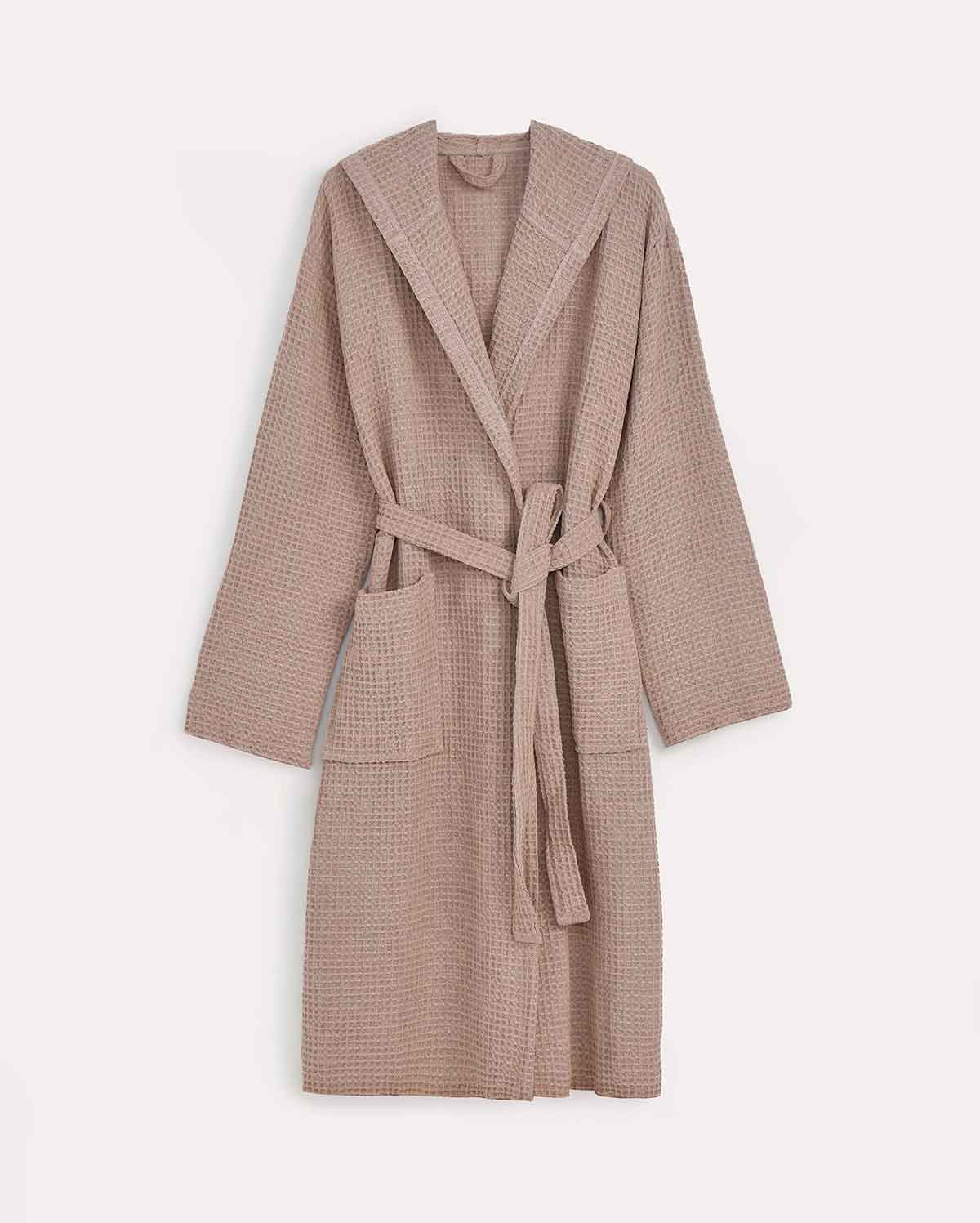 Hooded Washed Waffle Cotton Bathrobe - Beige