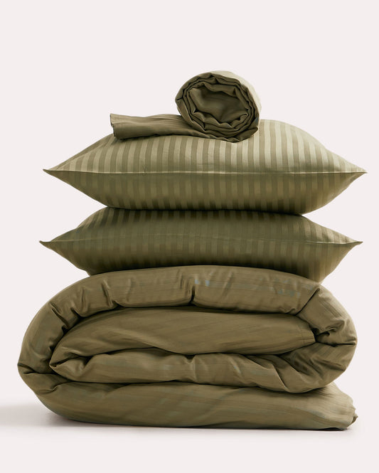 Sateen Stripe - Core Bedding Set (Flat) - Oil Green