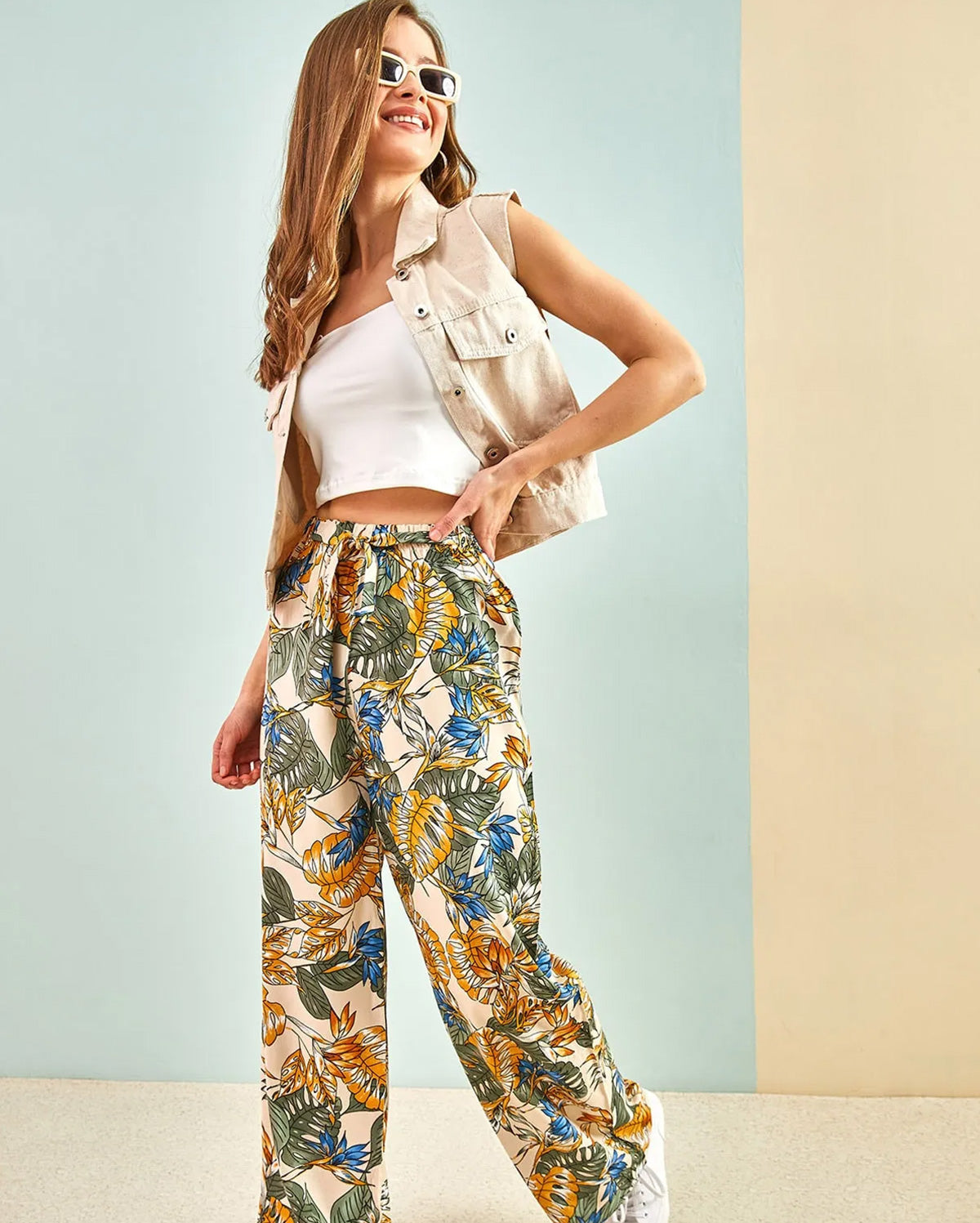 Multi-patterned Elastic Waist Pant - Mint Green