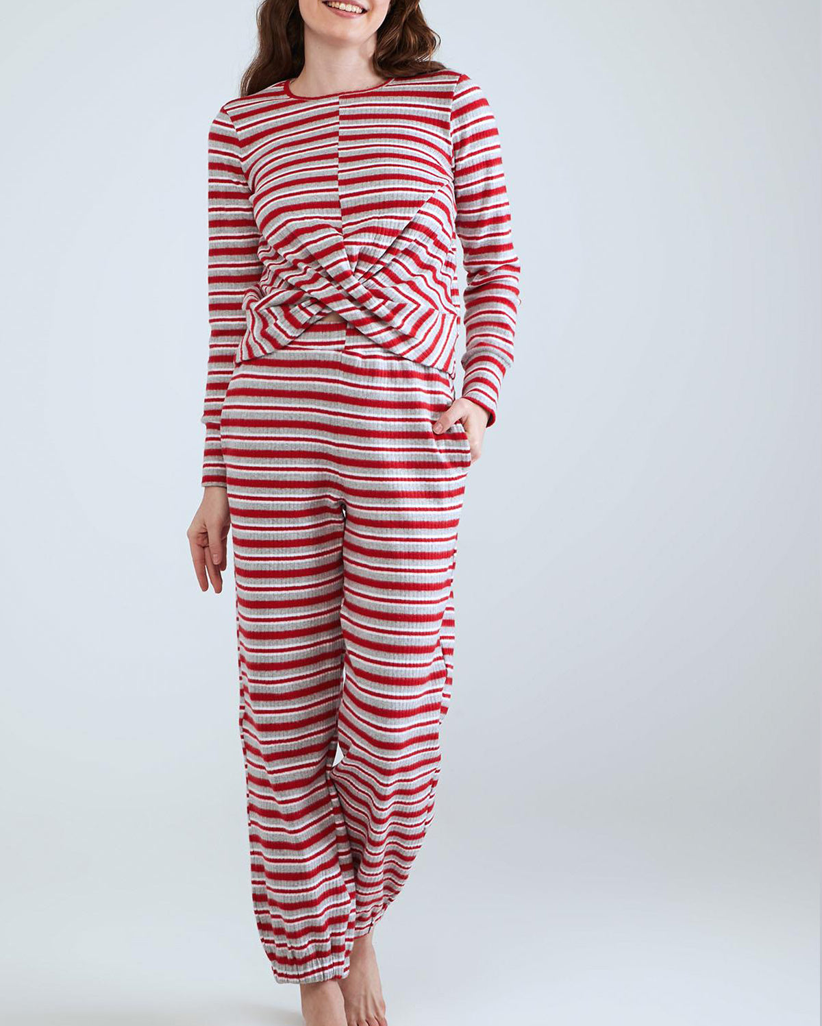 Cross Front Long Sleeve Striped Pyjama Set Red Grey