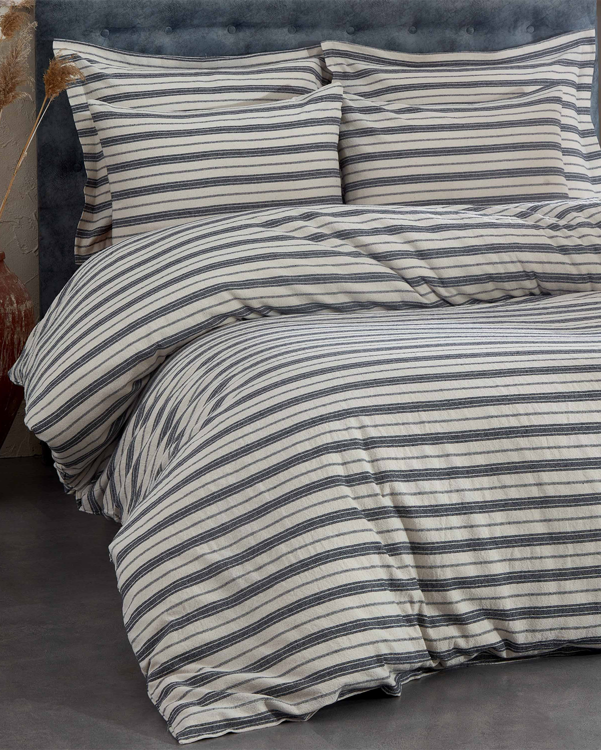 Linen Double Striped Duvet Cover Set - Blue