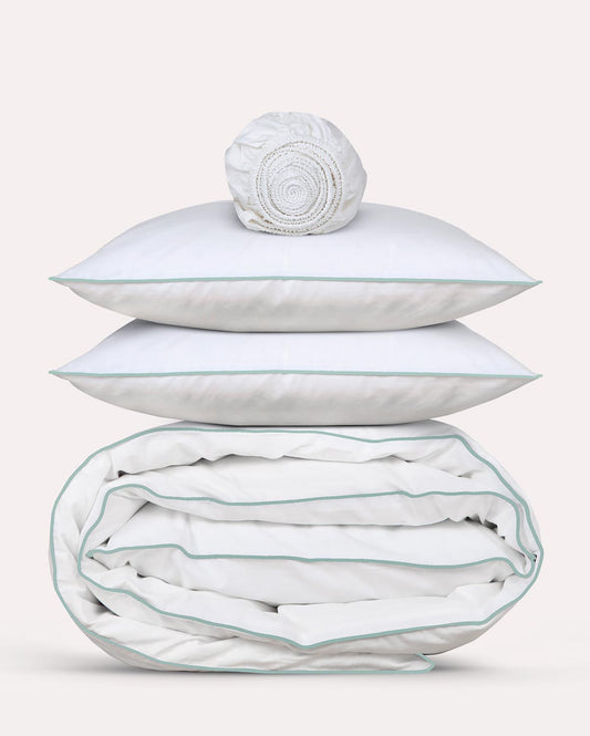 Classic Percale - Core Bedding Set - White with Jade Green Piped Edge