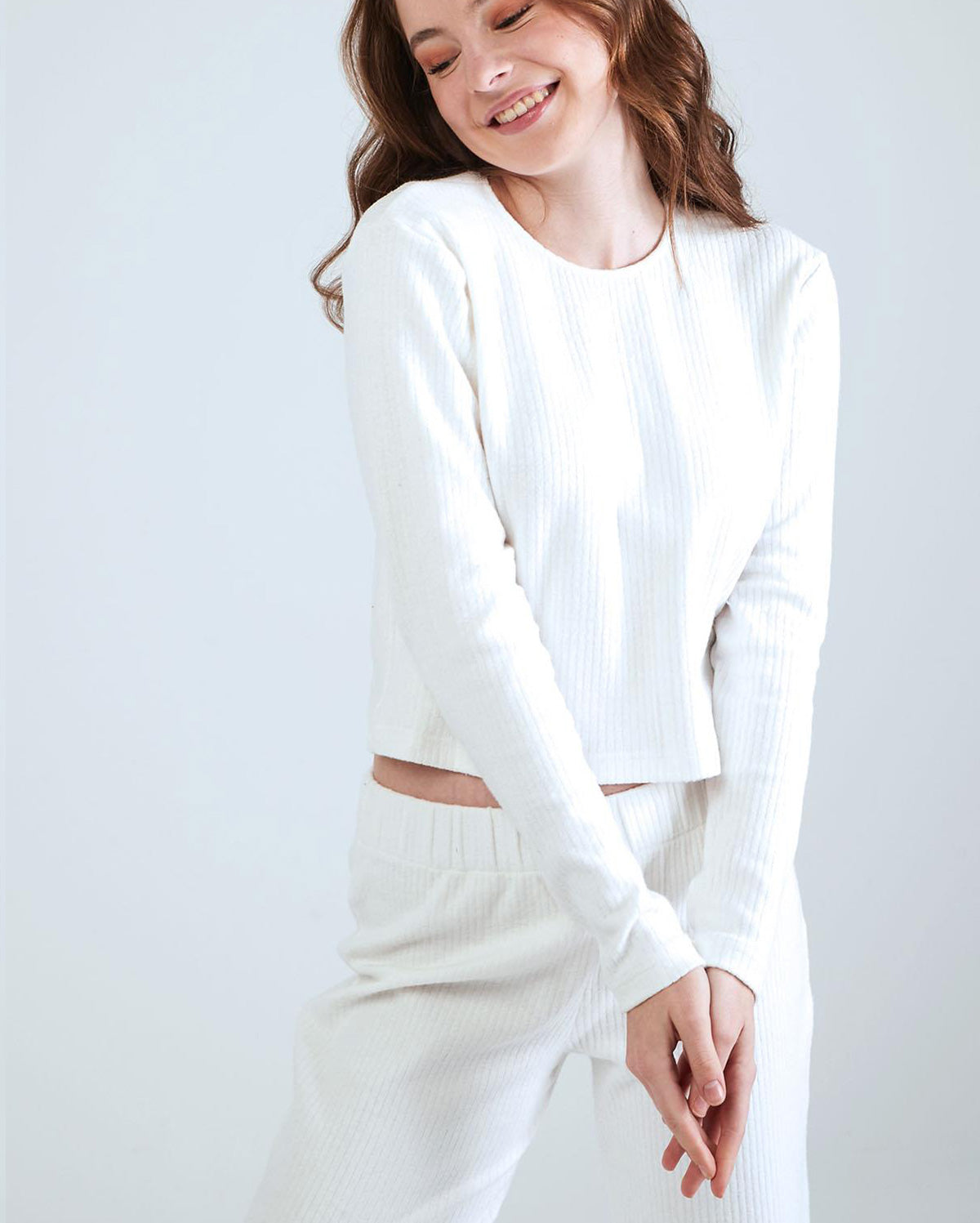 Long Sleeve Crew Neck Pyjama Set - White