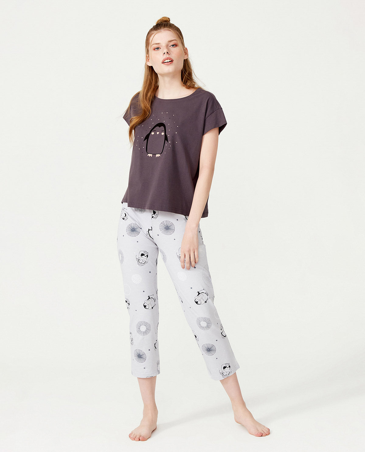 Short Sleeve Penguin Printed Cotton Pyjama Set - Grey - Ocoza