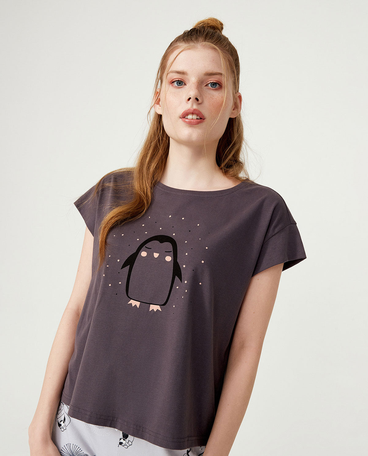 Short Sleeve Penguin Printed Cotton Pyjama Set - Grey - Ocoza