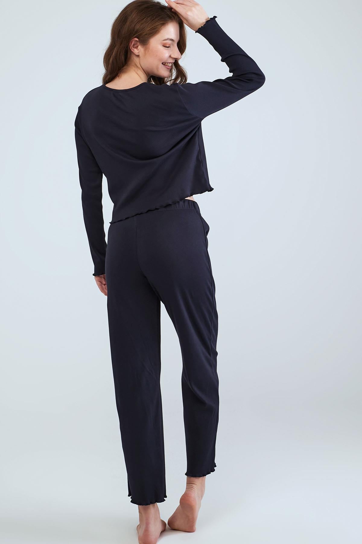 Long Sleeve Crew Neck Pyjama Set - Navy Blue