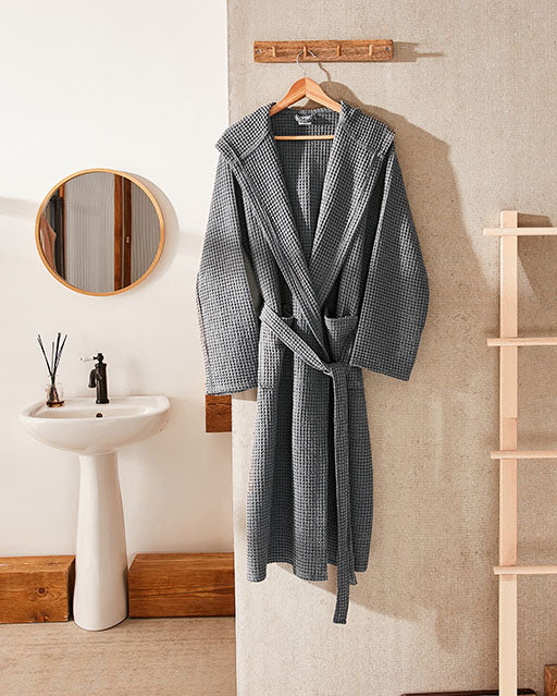 Hooded Washed Waffle Cotton Bathrobe - Grey - Ocoza