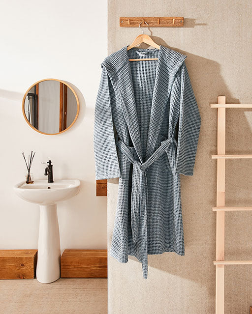 Hooded Washed Waffle Cotton Bathrobe - Indigo - Ocoza