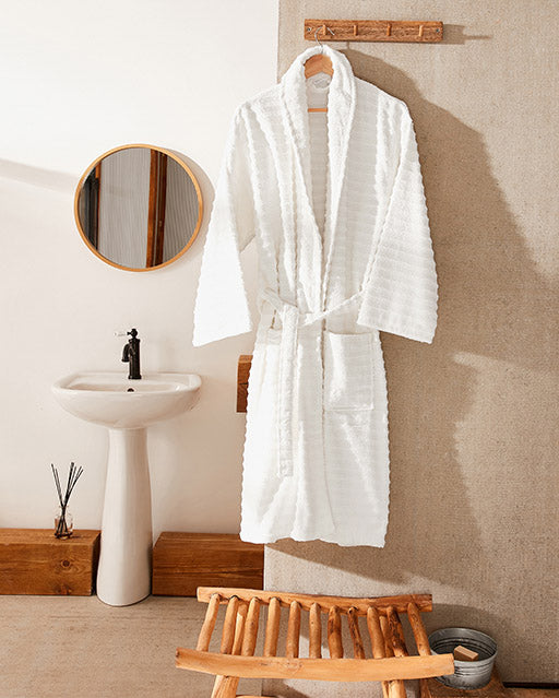 Ribbed Cotton Bathrobe - Cream - Ocoza