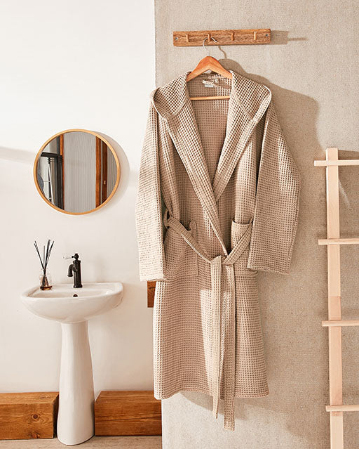 Hooded Washed Waffle Cotton Bathrobe - Beige - Ocoza