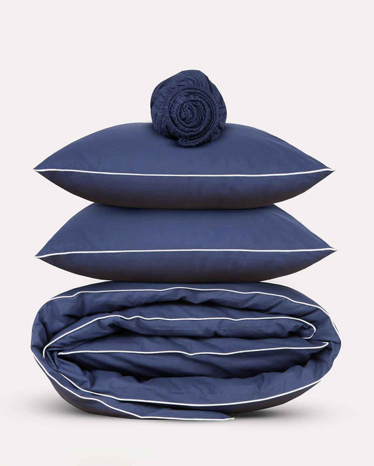 Classic Percale - Core Bedding Set - Navy Blue with White Piped Edge