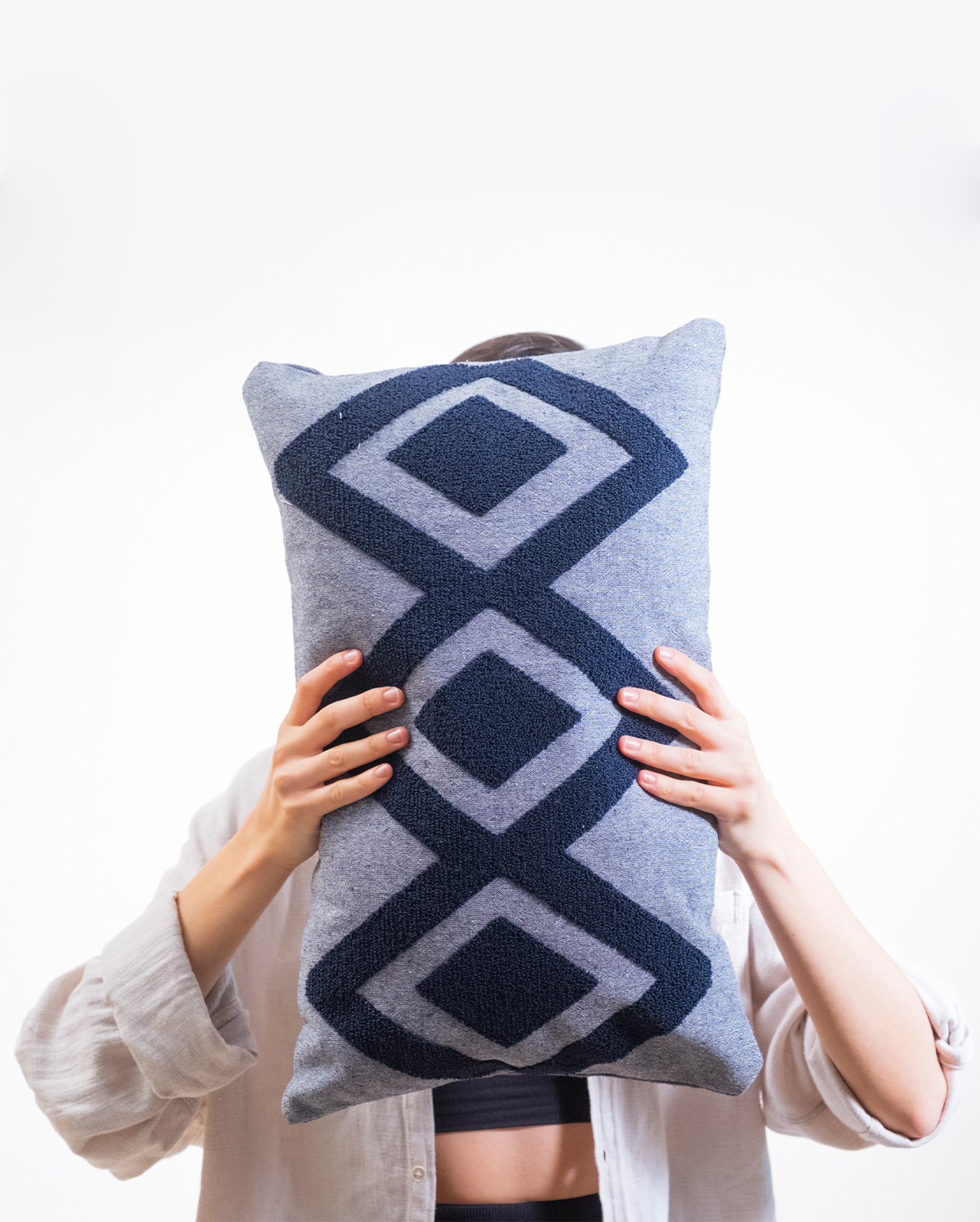 Zigzag Embroidery Cushion Cover - Blue & Grey