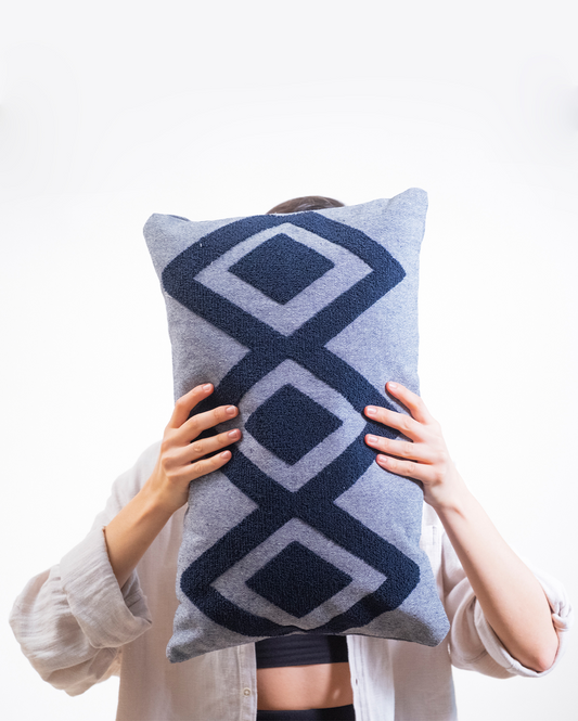 Zigzag Embroidery Cushion Cover - Blue & Grey