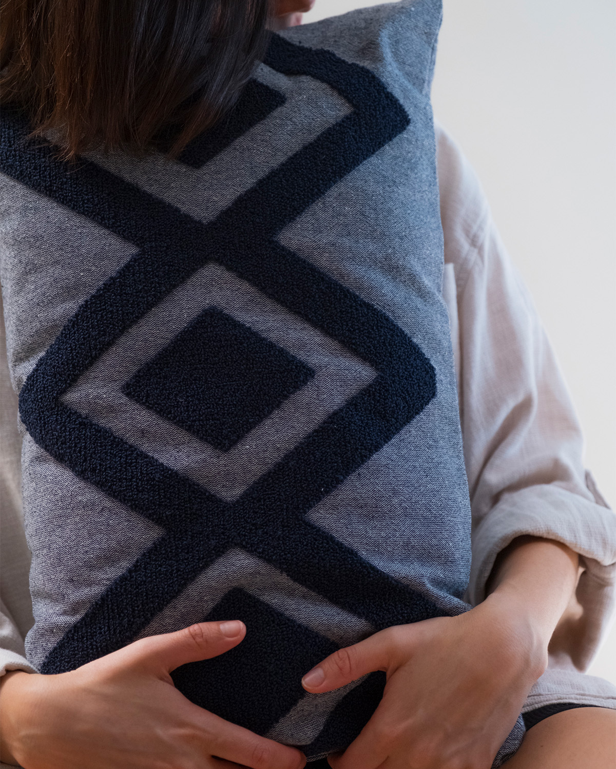 Zigzag Embroidery Cushion Cover - Blue & Grey