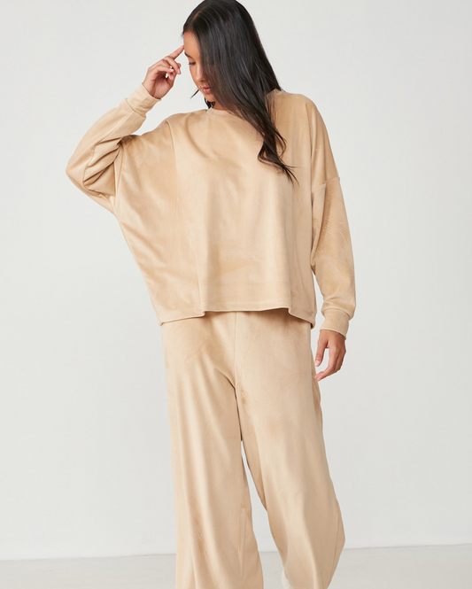 Long Sleeve Velvet Pyjama Set - Beige