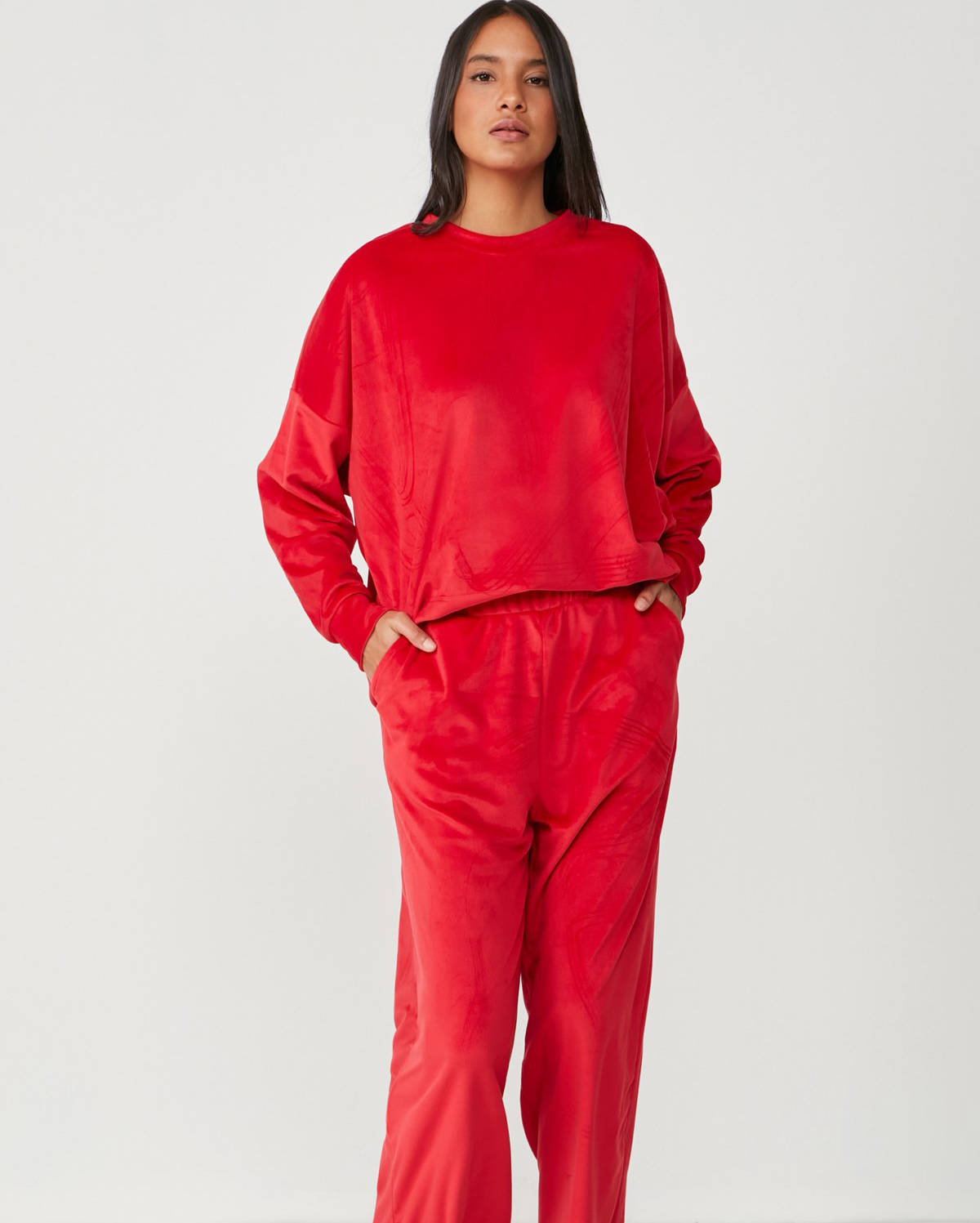 Long Sleeve Velvet Pyjama Set - Red