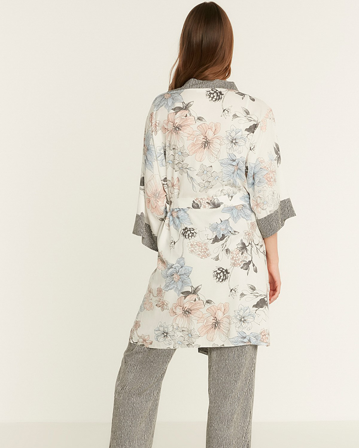 Flower Printed Pyjama Set with Dressing Gown - Ecru