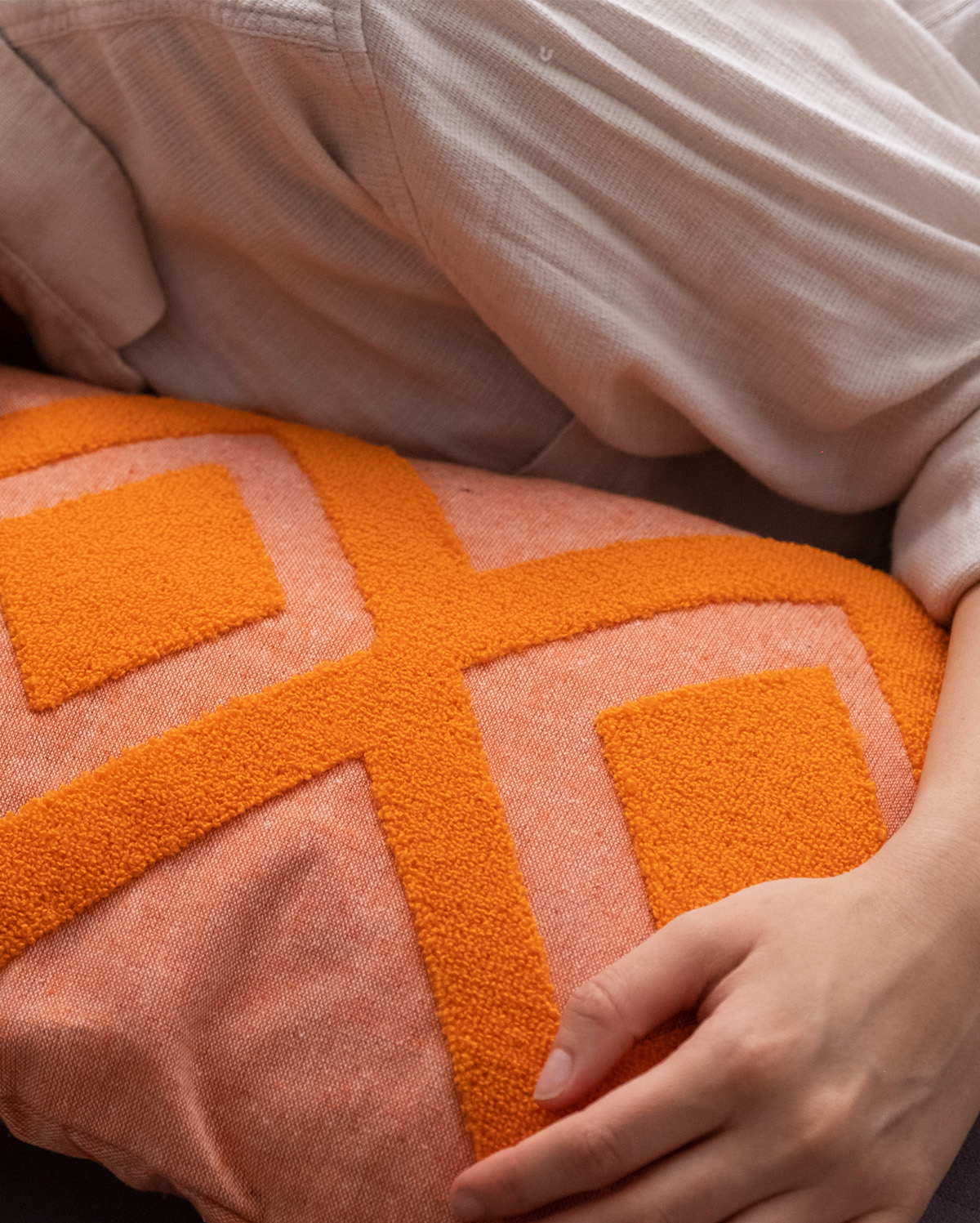 Embroidered Cushion Cover - Apricot & Beige