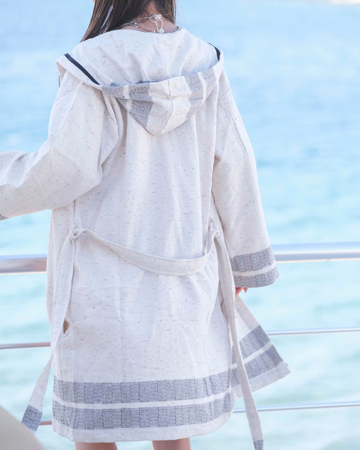 Cotton Oxford Waffle Bathrobe - White & Blue