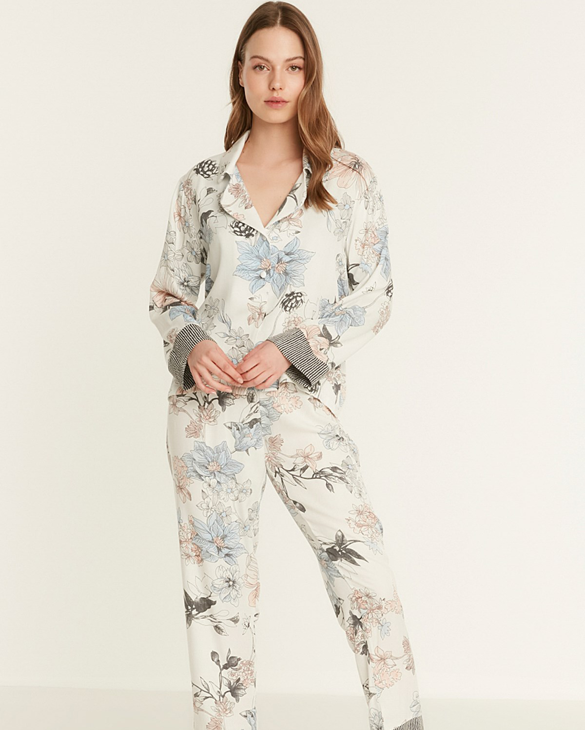 Flower Printed Pyjama Set - Ecru