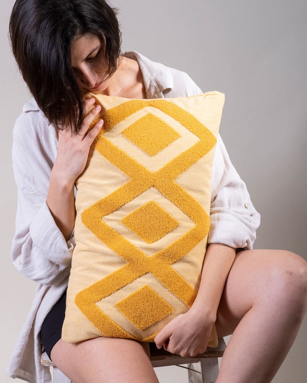 Zigzag Embroidery Cushion Cover - Mustard & Blush