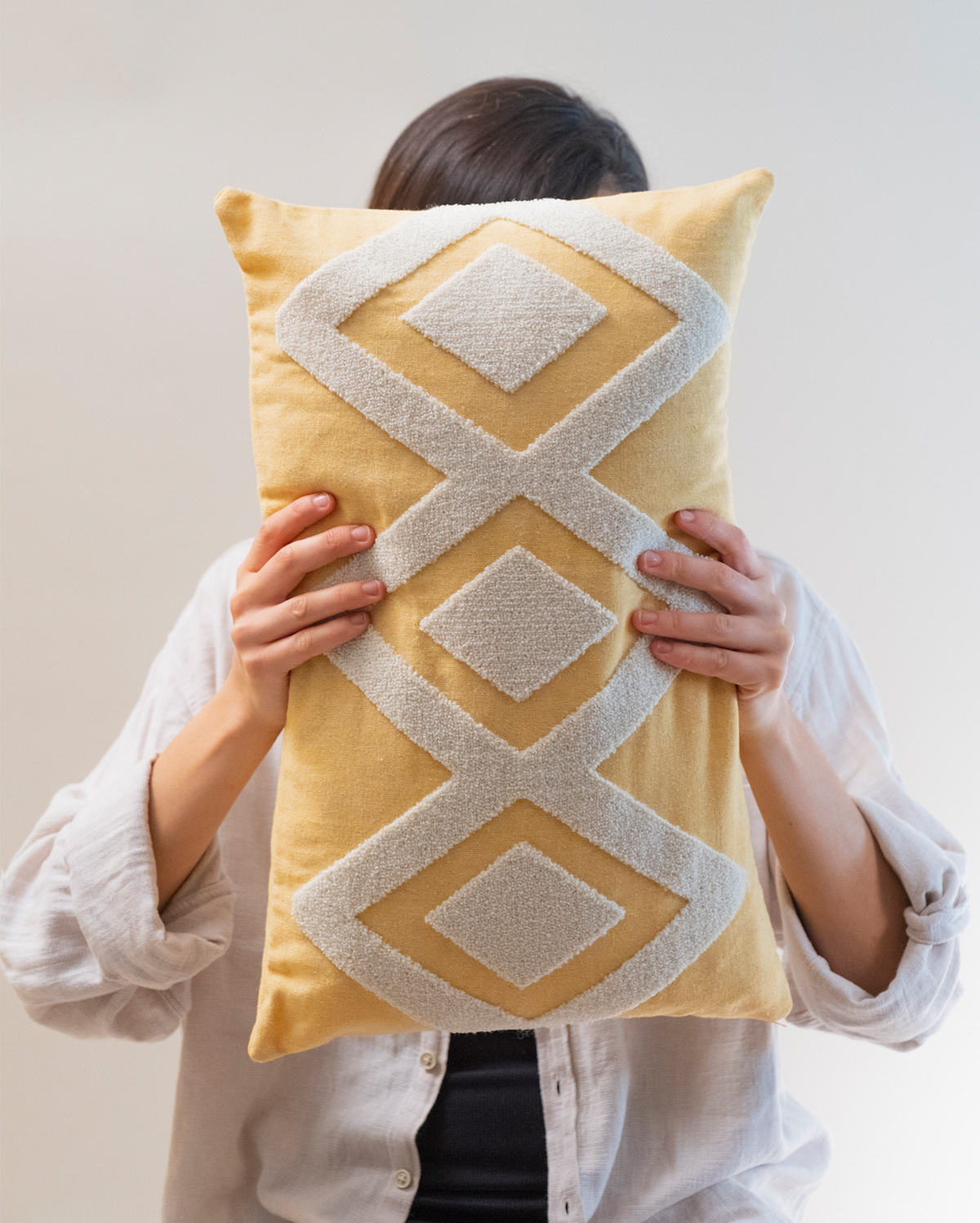 Zigzag Embroidery Cushion Cover - Yellow & Grey